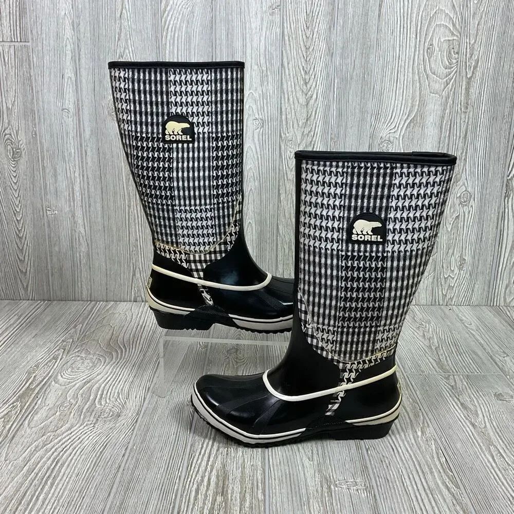 Sorel Tremblant Rain Boots Womens 10 Houndstooth Plaid Black NL1622